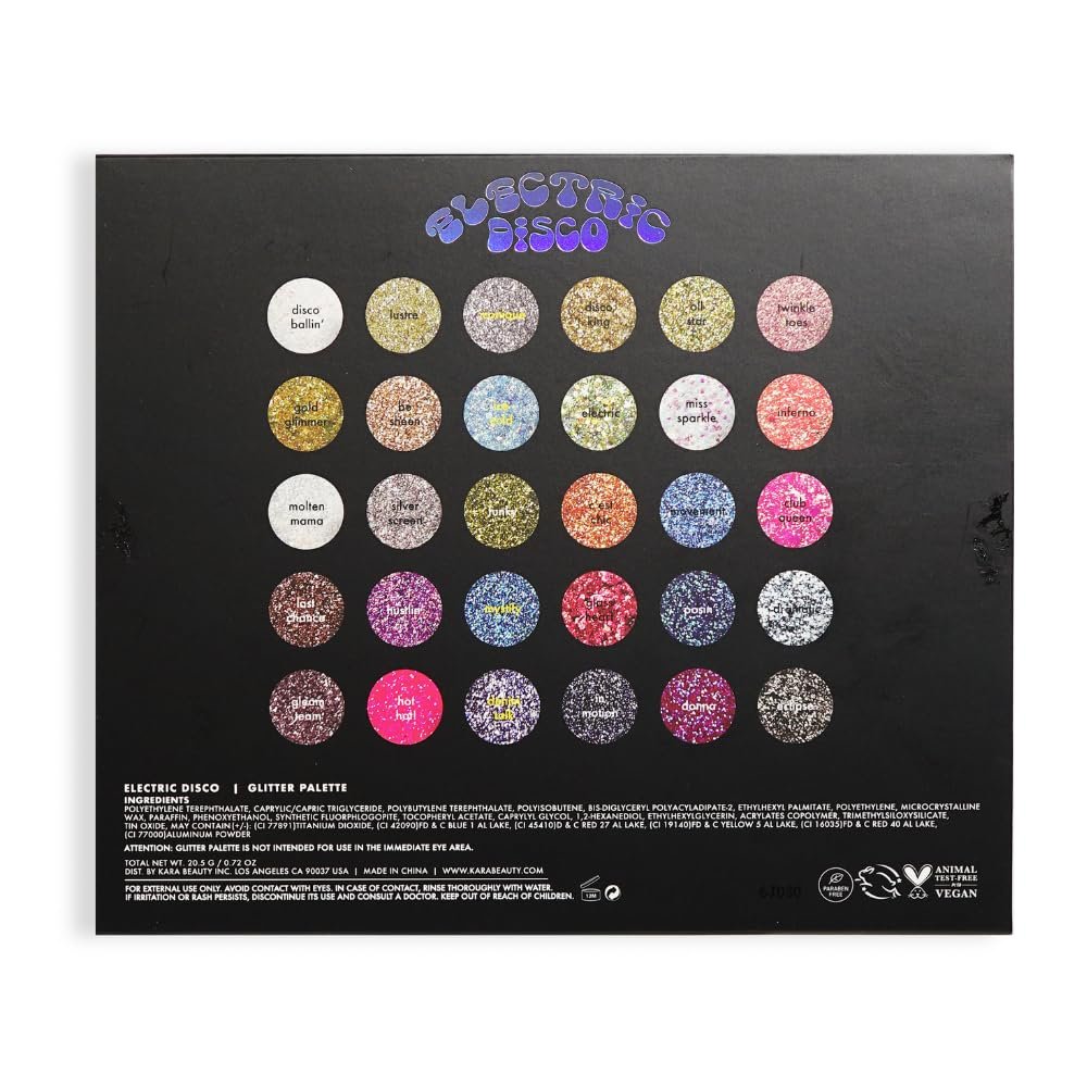 KARA BEAUTY ELECTRIC DISCO Glitter Eyeshadow Palette – 30 Color Pressed Glitter Makeup Palette for Face, Body & Eyes, No Glue Needed, Chunky & Fine Glitter for Rave, Festival Makeup & More Avelisse