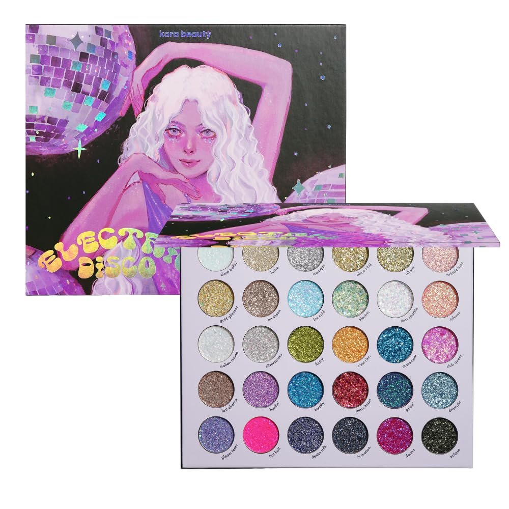 KARA BEAUTY ELECTRIC DISCO Glitter Eyeshadow Palette – 30 Color Pressed Glitter Makeup Palette for Face, Body & Eyes, No Glue Needed, Chunky & Fine Glitter for Rave, Festival Makeup & More Avelisse
