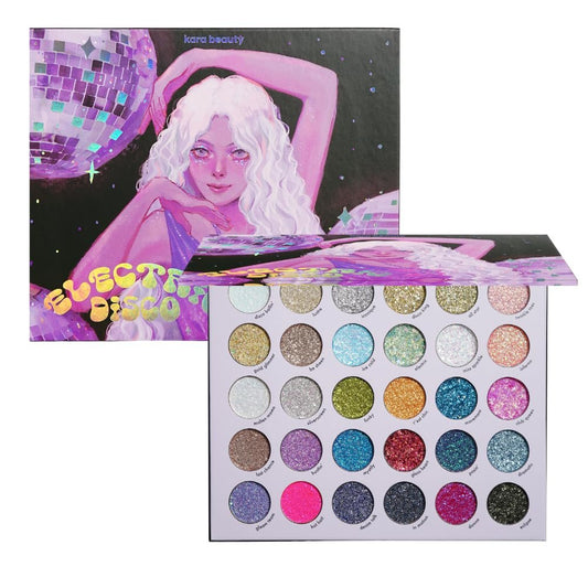 KARA BEAUTY ELECTRIC DISCO Glitter Eyeshadow Palette – 30 Color Pressed Glitter Makeup Palette for Face, Body & Eyes, No Glue Needed, Chunky & Fine Glitter for Rave, Festival Makeup & More Avelisse
