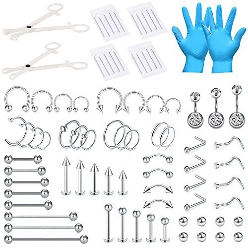 DJCIW 75-Piece Mixed-Size Piercing Kit - 316L Stainless Steel Body Piercing Supplies with Needles, Clamps for Cartilage, Tragus, Nose, Septum, Belly, Lip, Eyebrow, Nipple - 14G to 20G Avelisse