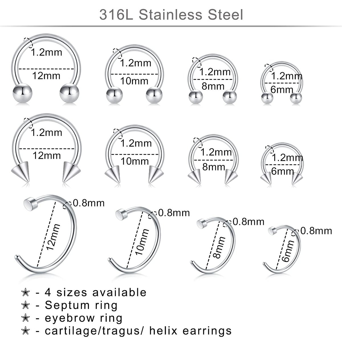 DJCIW 75-Piece Mixed-Size Piercing Kit - 316L Stainless Steel Body Piercing Supplies with Needles, Clamps for Cartilage, Tragus, Nose, Septum, Belly, Lip, Eyebrow, Nipple - 14G to 20G Avelisse