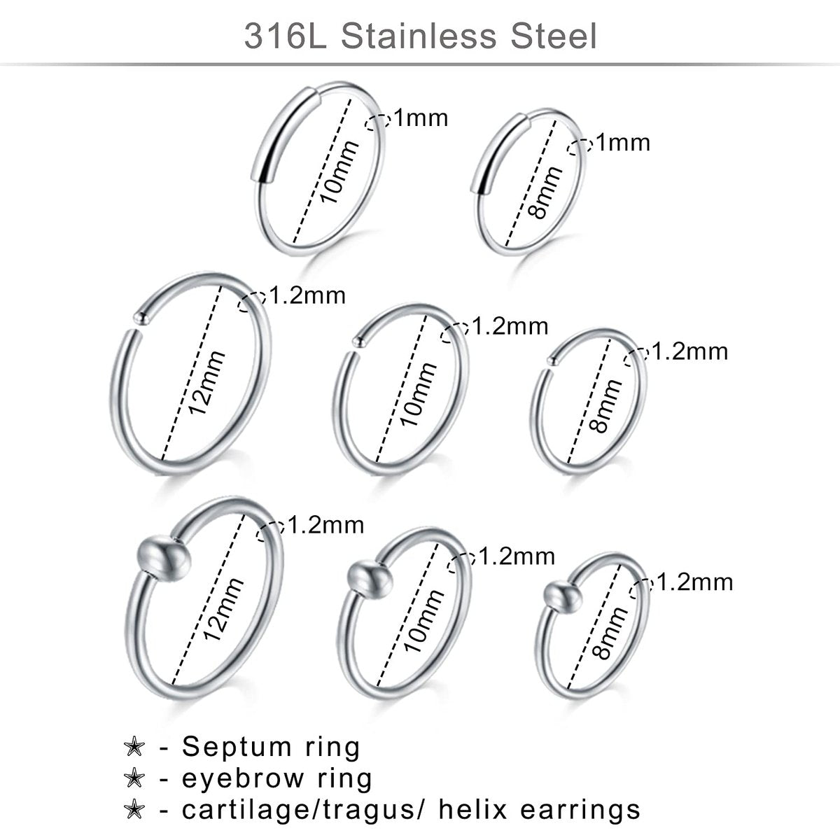 DJCIW 75-Piece Mixed-Size Piercing Kit - 316L Stainless Steel Body Piercing Supplies with Needles, Clamps for Cartilage, Tragus, Nose, Septum, Belly, Lip, Eyebrow, Nipple - 14G to 20G Avelisse