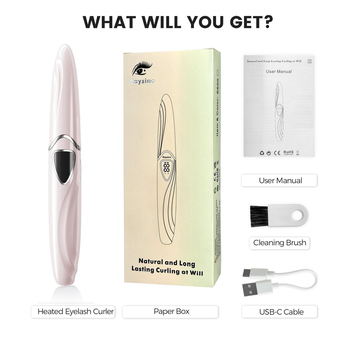 Raysino Heated Eyelash Curler S600 - Rechargeable Lash Curler, 8s Fast Heat, 24H Lasting Natural Curl (Pink/Silver) Avelisse