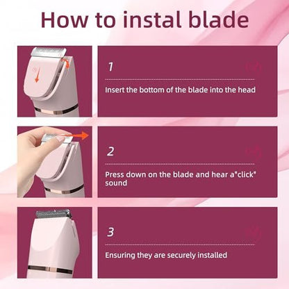 3 in 1 Gentle Painless Electric Razor for Women – Cordless, USB Charge, IPX7 Waterproof, Ceramic Blade Travel Grooming Kit (Pink)