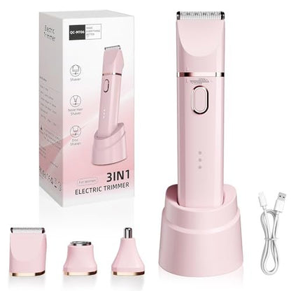 3 in 1 Gentle Painless Electric Razor for Women – Cordless, USB Charge, IPX7 Waterproof, Ceramic Blade Travel Grooming Kit (Pink)