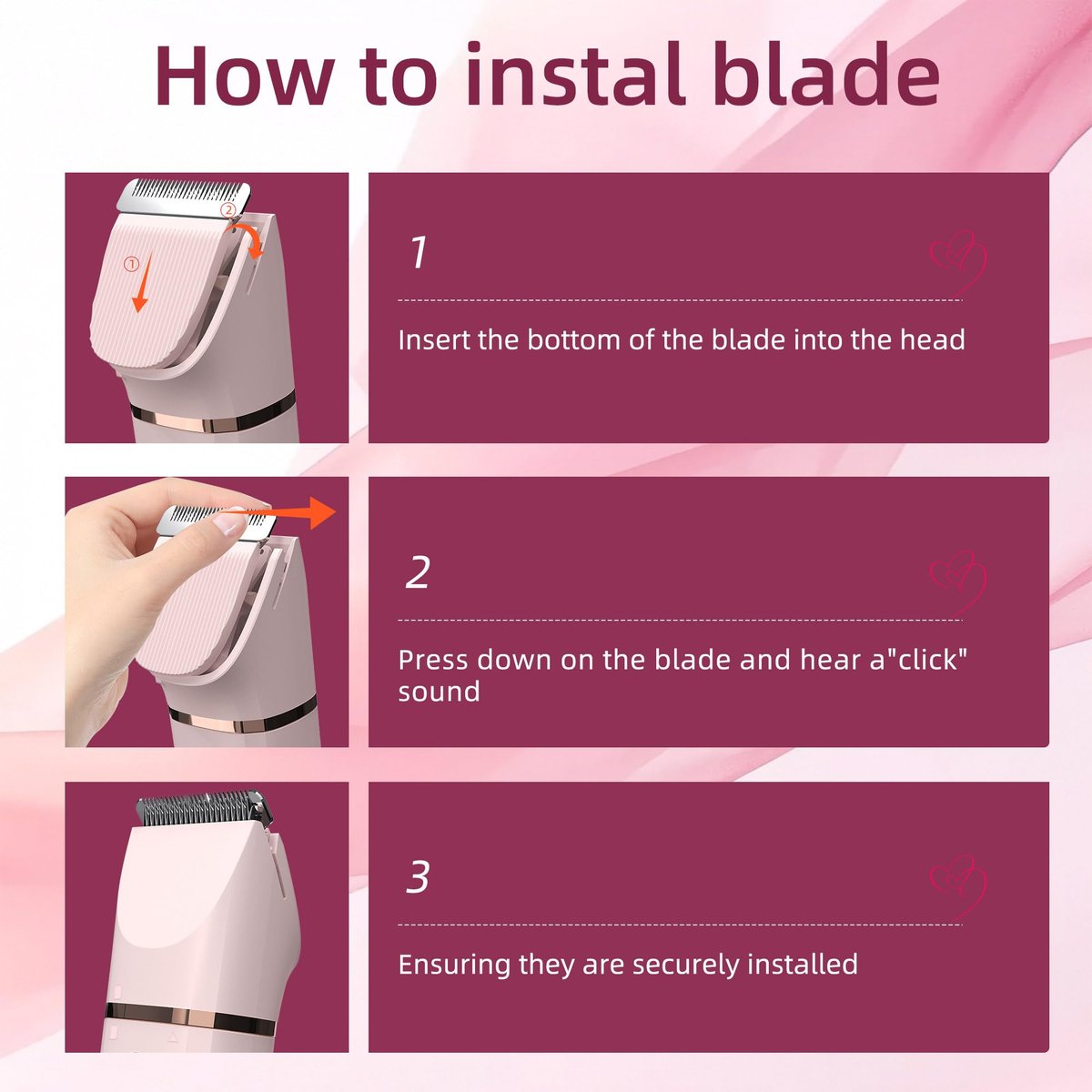 3 in 1 Gentle Painless Electric Razor for Women – Cordless, USB Charge, IPX7 Waterproof, Ceramic Blade Travel Grooming Kit (Pink) - görsel 7