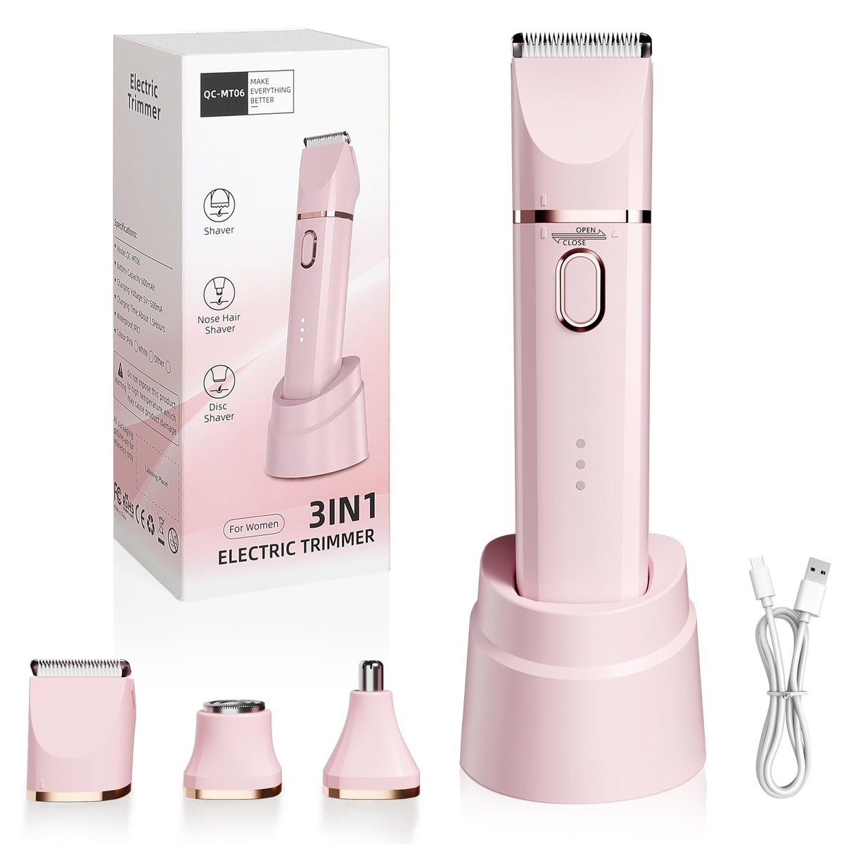 3 in 1 Gentle Painless Electric Razor for Women – Cordless, USB Charge, IPX7 Waterproof, Ceramic Blade Travel Grooming Kit (Pink) - görsel 1
