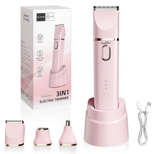 3 in 1 Gentle Painless Electric Razor for Women – Cordless, USB Charge, IPX7 Waterproof, Ceramic Blade Travel Grooming Kit (Pink)