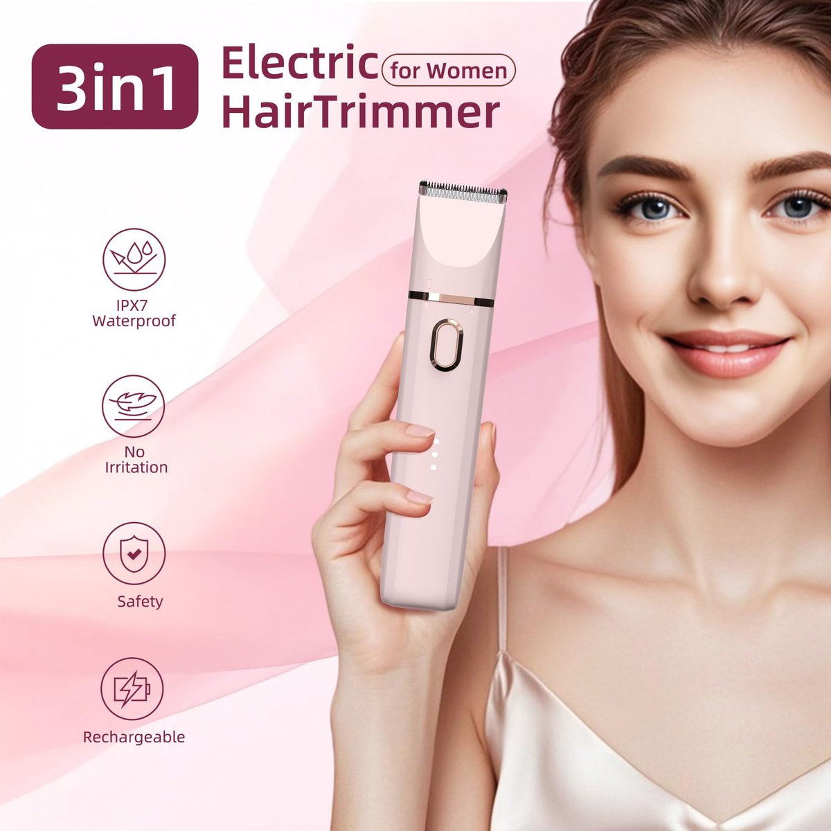 3 in 1 Gentle Painless Electric Razor for Women – Cordless, USB Charge, IPX7 Waterproof, Ceramic Blade Travel Grooming Kit (Pink) - görsel 3