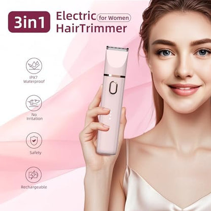 3 in 1 Gentle Painless Electric Razor for Women – Cordless, USB Charge, IPX7 Waterproof, Ceramic Blade Travel Grooming Kit (Pink)