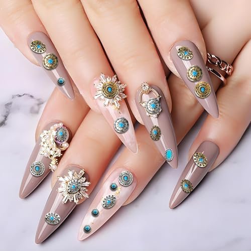 50Pcs Turquoise Nail Decoration Sheets - 3D Metallic Gems for Gel Acrylic, Western Ethnic Style Nail Charms Supplies - görsel 12