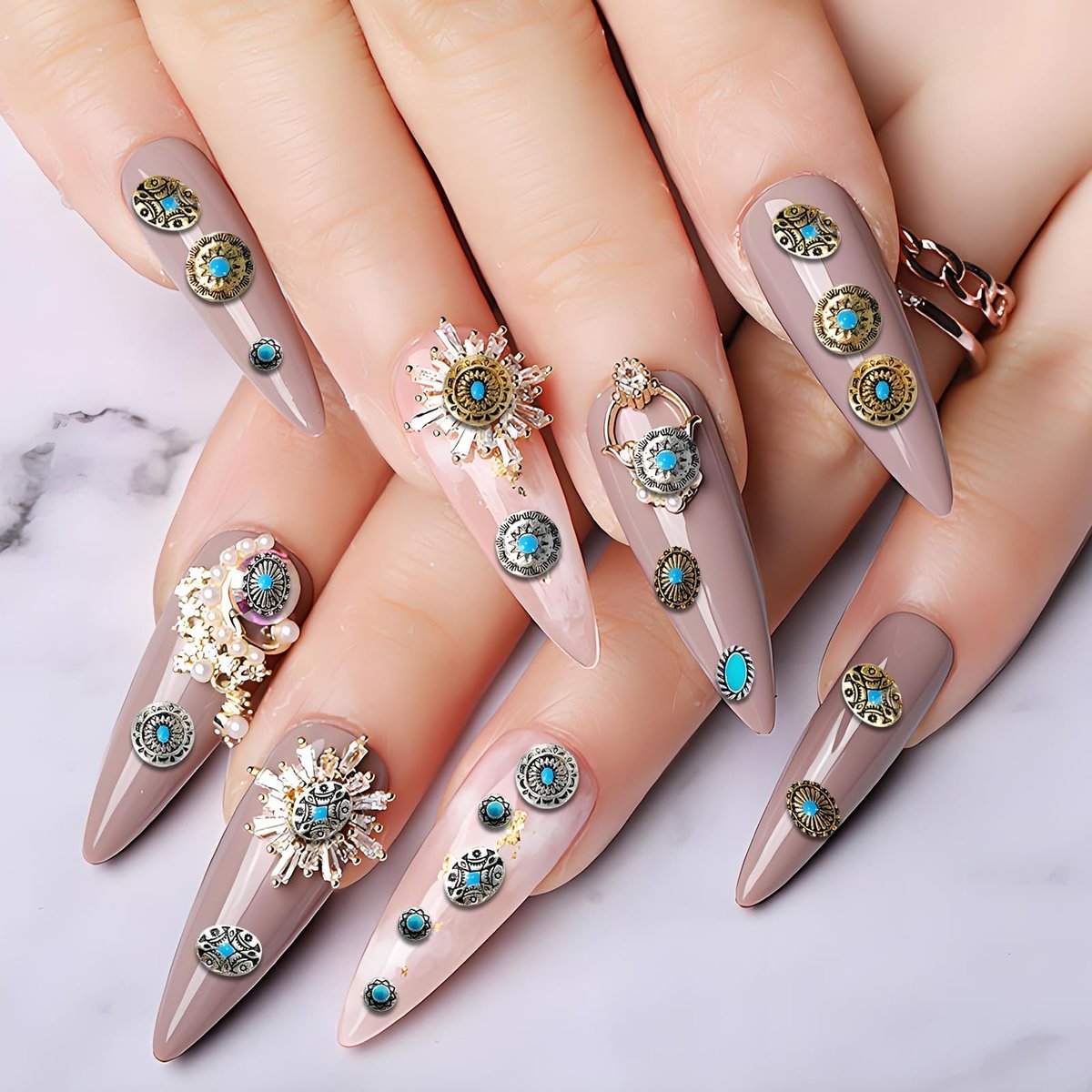 50Pcs Turquoise Nail Decoration Sheets - 3D Metallic Gems for Gel Acrylic, Western Ethnic Style Nail Charms Supplies - görsel 11