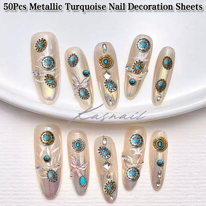 50Pcs Turquoise Nail Decoration Sheets - 3D Metallic Gems for Gel Acrylic, Western Ethnic Style Nail Charms Supplies