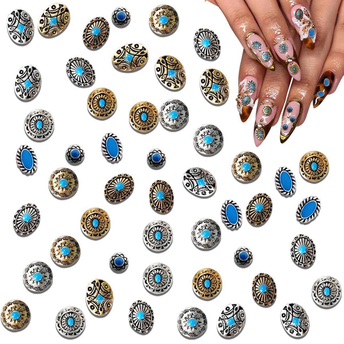 50Pcs Turquoise Nail Decoration Sheets - 3D Metallic Gems for Gel Acrylic, Western Ethnic Style Nail Charms Supplies - görsel 1