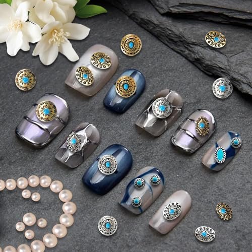 50Pcs Turquoise Nail Decoration Sheets - 3D Metallic Gems for Gel Acrylic, Western Ethnic Style Nail Charms Supplies - görsel 8