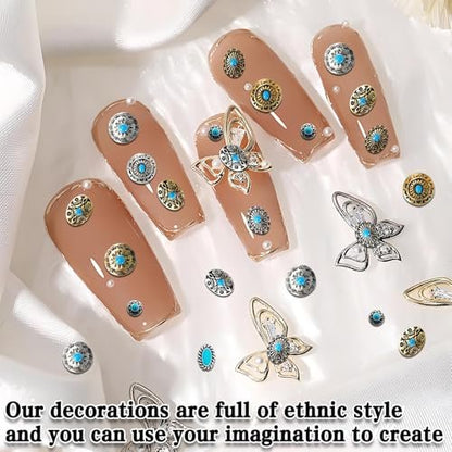 50Pcs Turquoise Nail Decoration Sheets - 3D Metallic Gems for Gel Acrylic, Western Ethnic Style Nail Charms Supplies