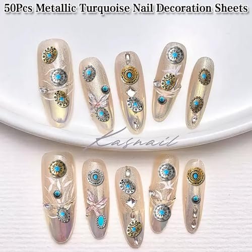 50Pcs Turquoise Nail Decoration Sheets - 3D Metallic Gems for Gel Acrylic, Western Ethnic Style Nail Charms Supplies - görsel 6