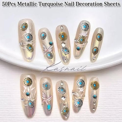 50Pcs Turquoise Nail Decoration Sheets - 3D Metallic Gems for Gel Acrylic, Western Ethnic Style Nail Charms Supplies