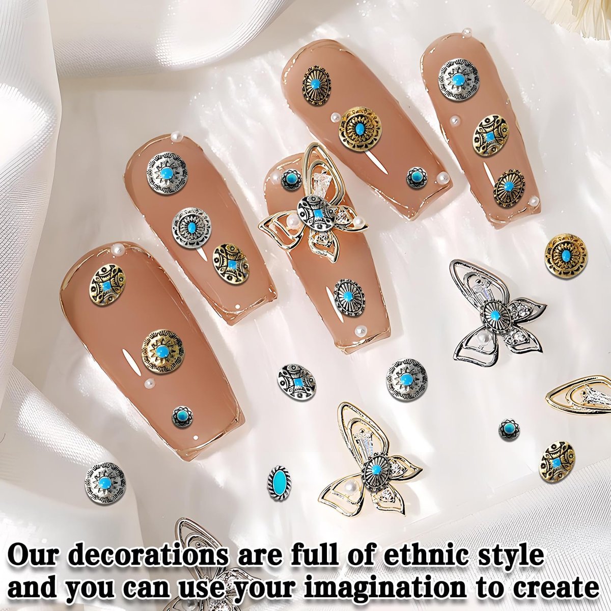 50Pcs Turquoise Nail Decoration Sheets - 3D Metallic Gems for Gel Acrylic, Western Ethnic Style Nail Charms Supplies - görsel 9