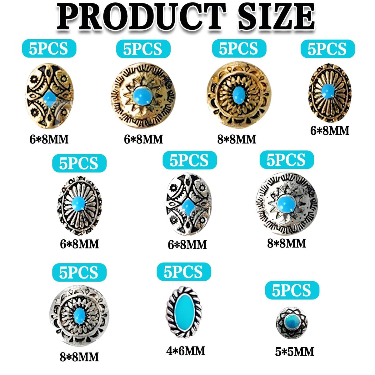 50Pcs Turquoise Nail Decoration Sheets - 3D Metallic Gems for Gel Acrylic, Western Ethnic Style Nail Charms Supplies - görsel 3
