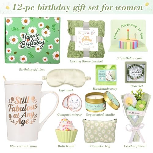 Mothers Day Gifts for Mom - Daisy Birthday Gifts for Women Self Care Gift Basket - Happy Birthday Spa Box Care Package for Women Mom Wife Daughter Sister Girlfriend Best Friend (Green, 10 Piece Set) Avelisse