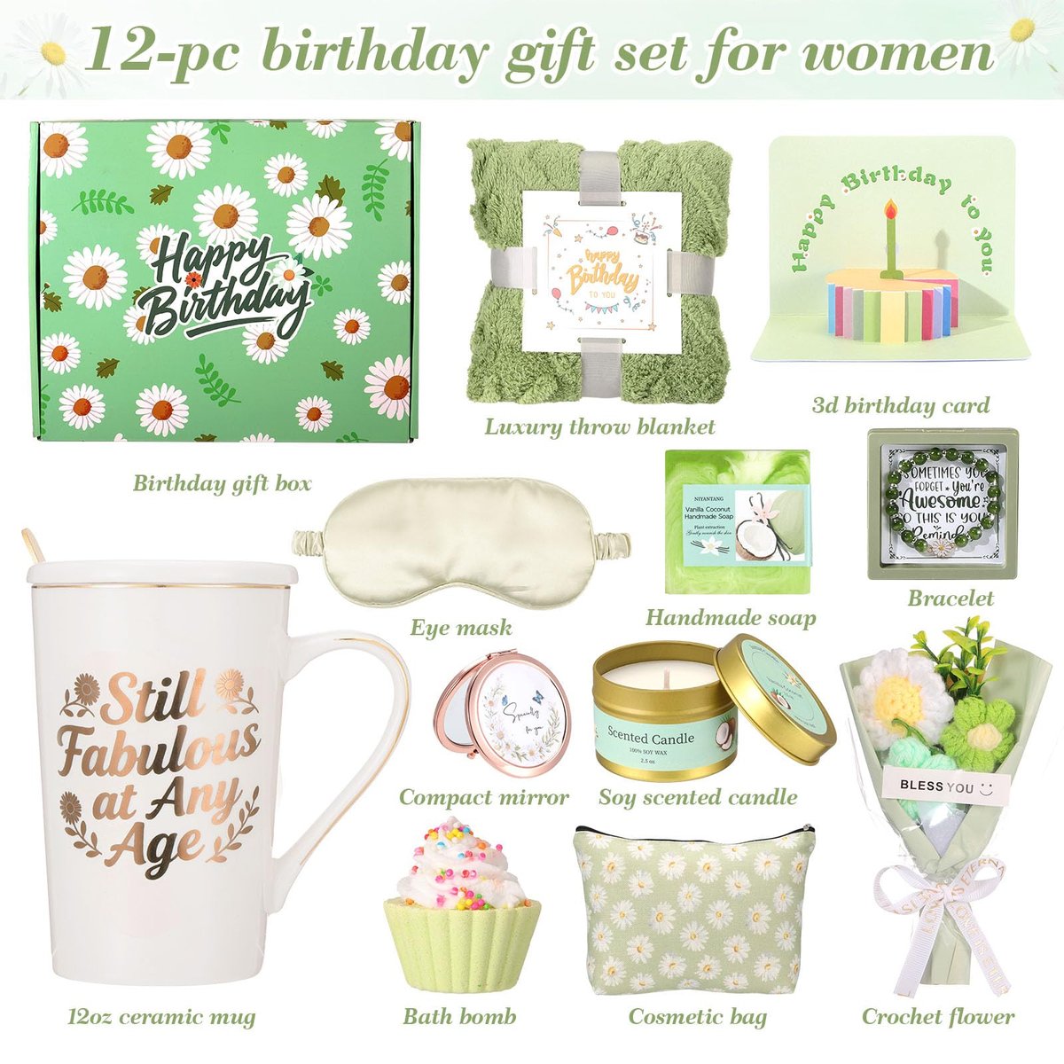 Mothers Day Gifts for Mom - Daisy Birthday Gifts for Women Self Care Gift Basket - Happy Birthday Spa Box Care Package for Women Mom Wife Daughter Sister Girlfriend Best Friend (Green, 10 Piece Set) Avelisse