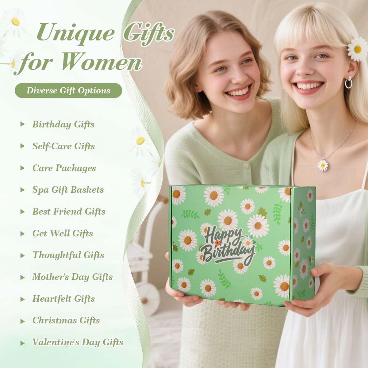 Mothers Day Gifts for Mom - Daisy Birthday Gifts for Women Self Care Gift Basket - Happy Birthday Spa Box Care Package for Women Mom Wife Daughter Sister Girlfriend Best Friend (Green, 10 Piece Set) Avelisse