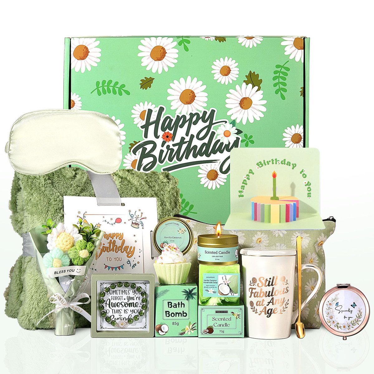 Mothers Day Gifts for Mom - Daisy Birthday Gifts for Women Self Care Gift Basket - Happy Birthday Spa Box Care Package for Women Mom Wife Daughter Sister Girlfriend Best Friend (Green, 10 Piece Set) Avelisse