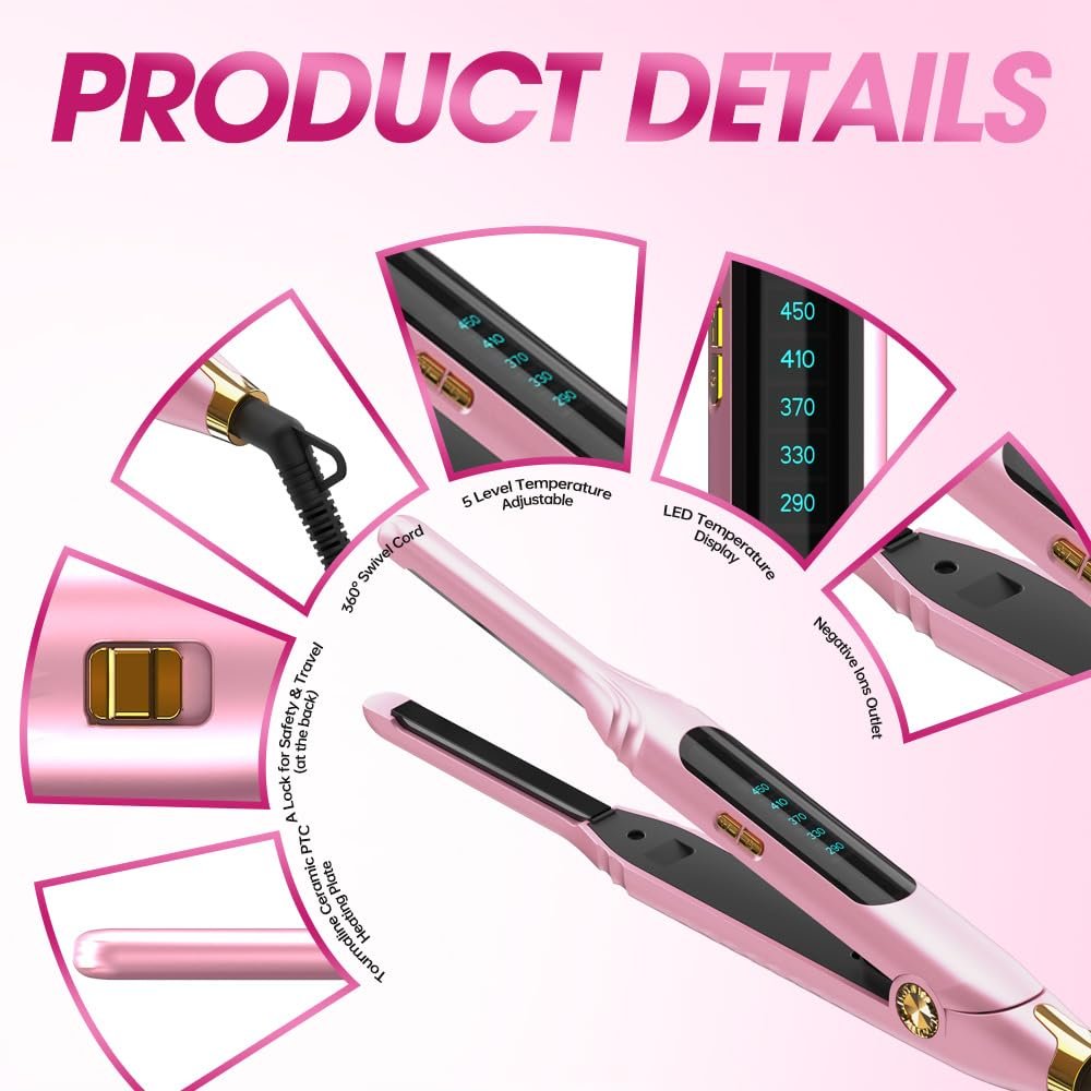 Mvxitanny Mini Flat Iron for Short Hair, Pixie Cut & Bangs - Pencil Hair Straightener for Edges with LED Display, Fast 15-Second Heat Up, Dual Voltage (Pink) Avelisse
