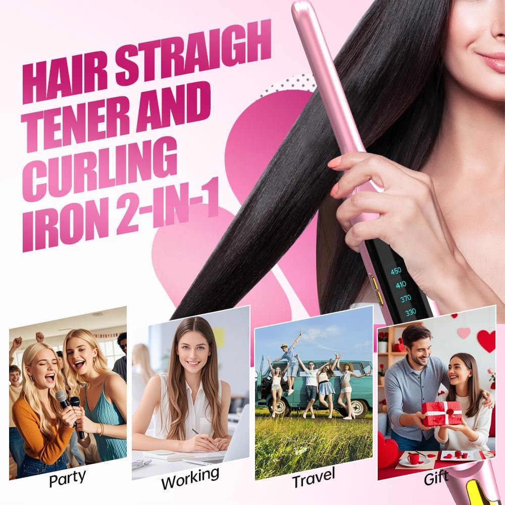 Mvxitanny Mini Flat Iron for Short Hair, Pixie Cut & Bangs - Pencil Hair Straightener for Edges with LED Display, Fast 15-Second Heat Up, Dual Voltage (Pink) Avelisse