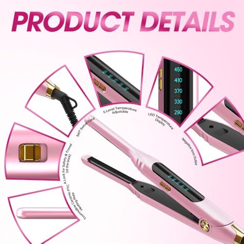 Mvxitanny Mini Flat Iron for Short Hair, Pixie Cut & Bangs - Pencil Hair Straightener for Edges with LED Display, Fast 15-Second Heat Up, Dual Voltage (Pink) Avelisse