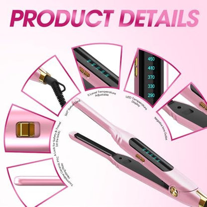 Mvxitanny Mini Flat Iron for Short Hair, Pixie Cut & Bangs - Pencil Hair Straightener for Edges with LED Display, Fast 15-Second Heat Up, Dual Voltage (Pink) Avelisse