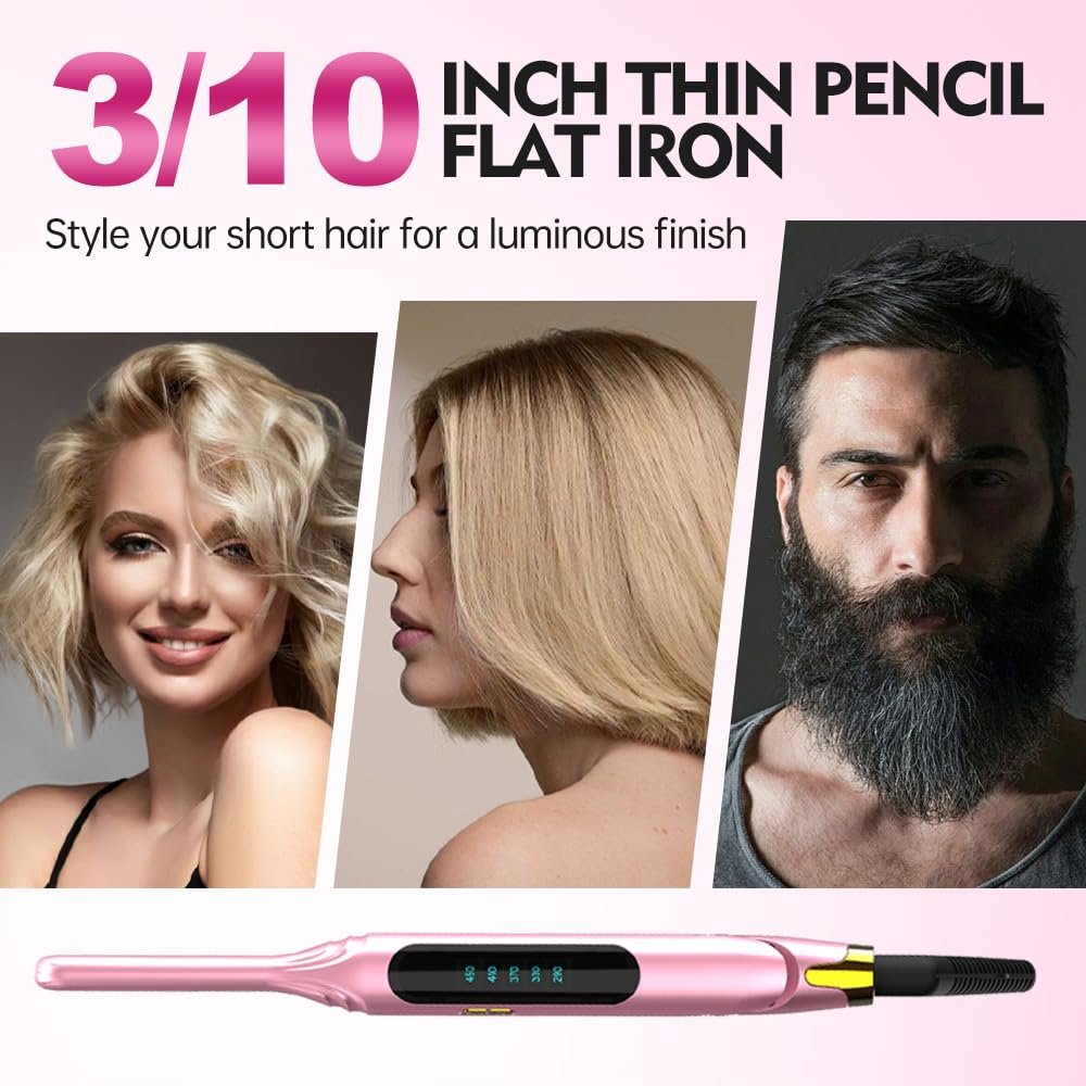 Mvxitanny Mini Flat Iron for Short Hair, Pixie Cut & Bangs - Pencil Hair Straightener for Edges with LED Display, Fast 15-Second Heat Up, Dual Voltage (Pink) Avelisse
