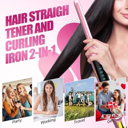 Mvxitanny Mini Flat Iron for Short Hair, Pixie Cut & Bangs - Pencil Hair Straightener for Edges with LED Display, Fast 15-Second Heat Up, Dual Voltage (Pink) Avelisse