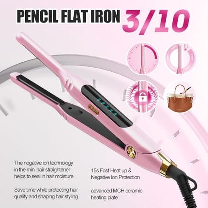 Mvxitanny Mini Flat Iron for Short Hair, Pixie Cut & Bangs - Pencil Hair Straightener for Edges with LED Display, Fast 15-Second Heat Up, Dual Voltage (Pink) Avelisse