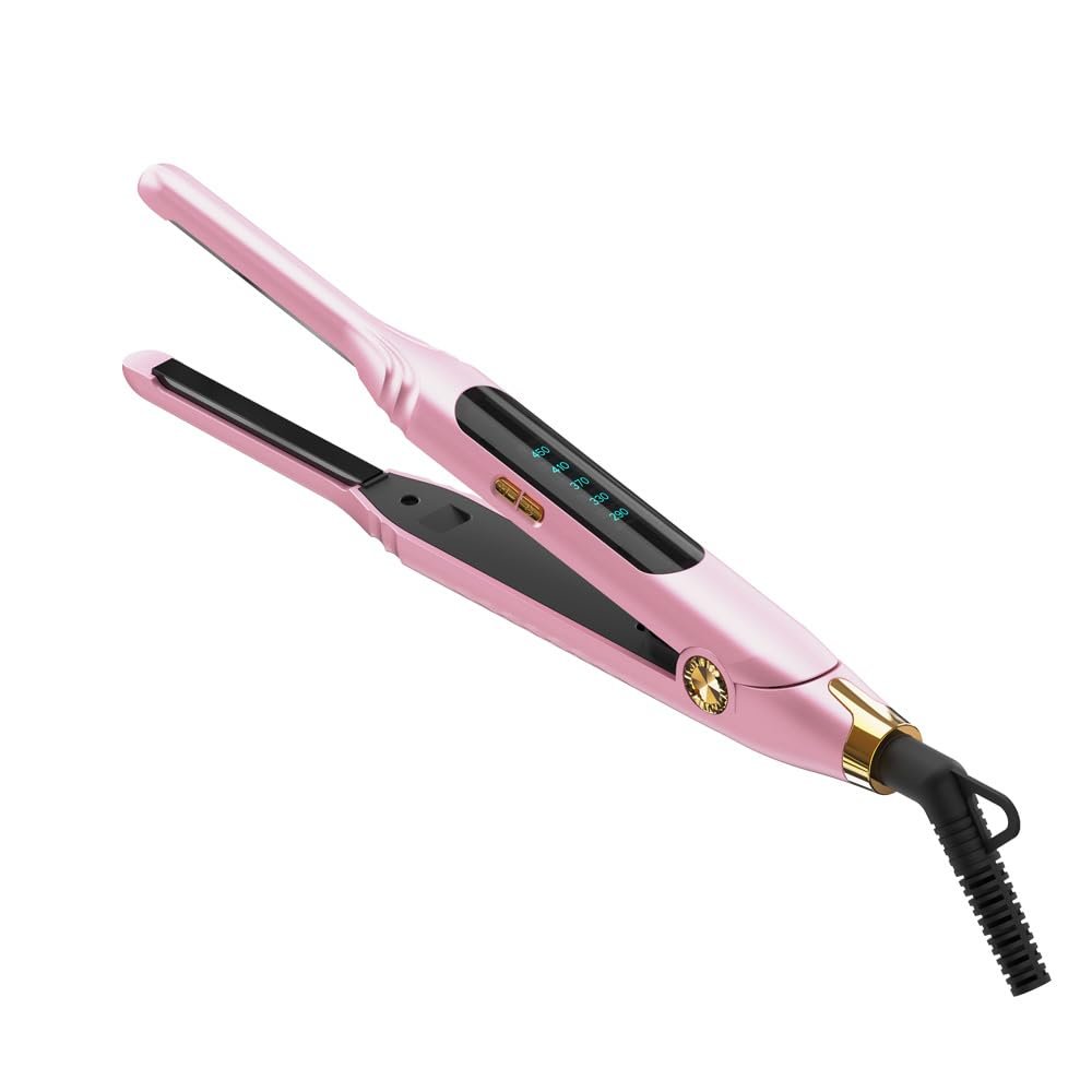 Mvxitanny Mini Flat Iron for Short Hair, Pixie Cut & Bangs - Pencil Hair Straightener for Edges with LED Display, Fast 15-Second Heat Up, Dual Voltage (Pink) Avelisse