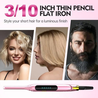 Mvxitanny Mini Flat Iron for Short Hair, Pixie Cut & Bangs - Pencil Hair Straightener for Edges with LED Display, Fast 15-Second Heat Up, Dual Voltage (Pink) Avelisse