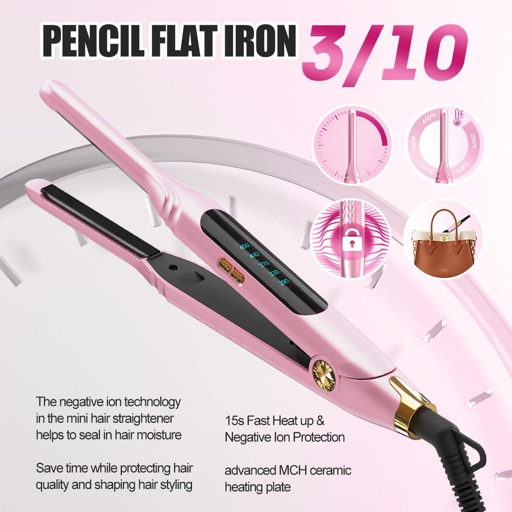 Mvxitanny Mini Flat Iron for Short Hair, Pixie Cut & Bangs - Pencil Hair Straightener for Edges with LED Display, Fast 15-Second Heat Up, Dual Voltage (Pink) Avelisse