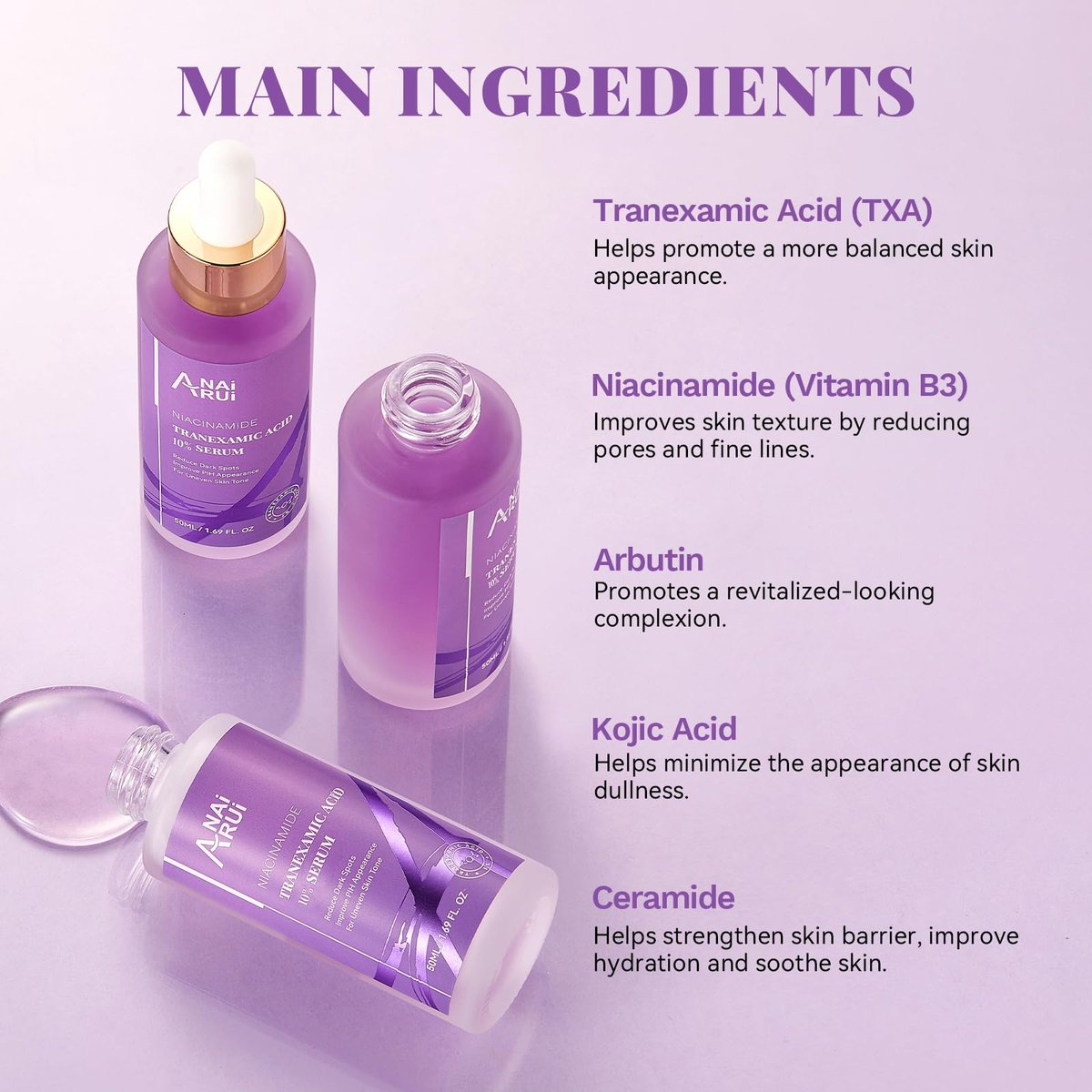 ANAI RUI 10% Tranexamic Acid Serum with Niacinamide, Kojic Acid, Ceramide - Skin Refining Serum for All Skin Types, 1.69 Fl Oz Avelisse