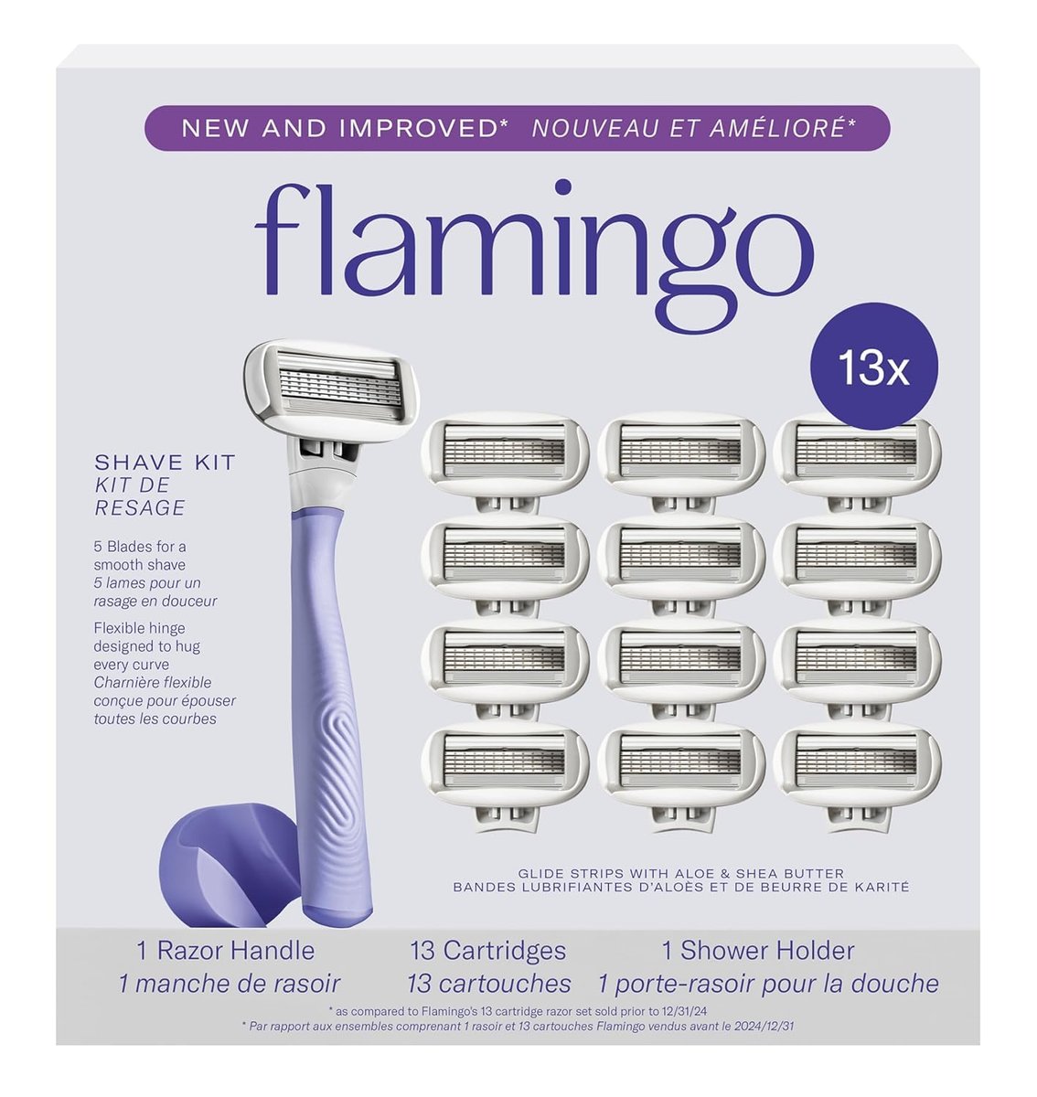 Flamingo Women's Razor Starter Set: Lilac Handle, 13 Five-Blade Refills & Shower Holder Avelisse