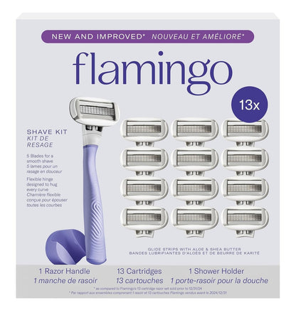 Flamingo Women's Razor Starter Set: Lilac Handle, 13 Five-Blade Refills & Shower Holder Avelisse