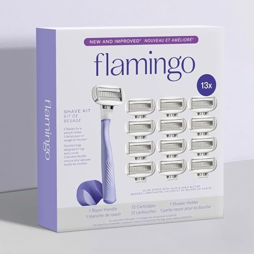 Flamingo Women's Razor Starter Set: Lilac Handle, 13 Five-Blade Refills & Shower Holder Avelisse