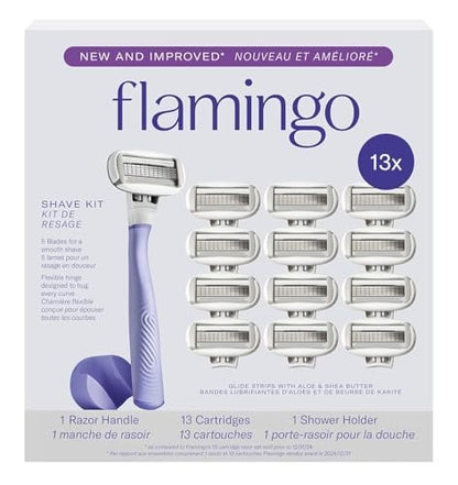 Flamingo Women's Razor Starter Set: Lilac Handle, 13 Five-Blade Refills & Shower Holder Avelisse