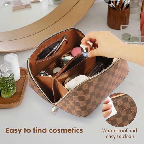 BAYANKALA Leather Travel Makeup Bag - Large Capacity Cosmetic Organizer for Women, Waterproof Portable Toiletry Pouch with Divider and Handle, 10.5x5x5 Inches, Deep Brown Avelisse