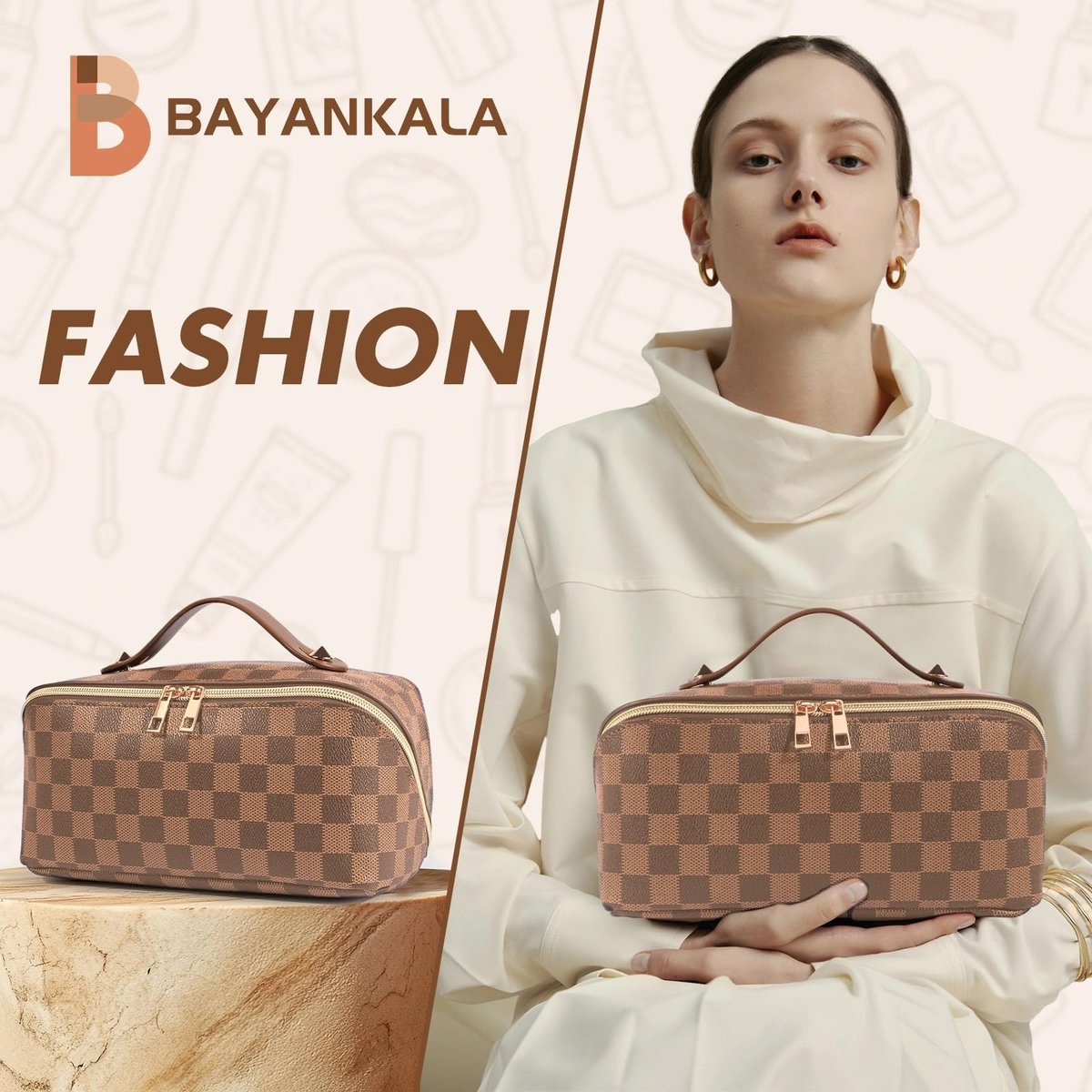 BAYANKALA Leather Travel Makeup Bag - Large Capacity Cosmetic Organizer for Women, Waterproof Portable Toiletry Pouch with Divider and Handle, 10.5x5x5 Inches, Deep Brown Avelisse