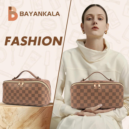 BAYANKALA Leather Travel Makeup Bag - Large Capacity Cosmetic Organizer for Women, Waterproof Portable Toiletry Pouch with Divider and Handle, 10.5x5x5 Inches, Deep Brown Avelisse