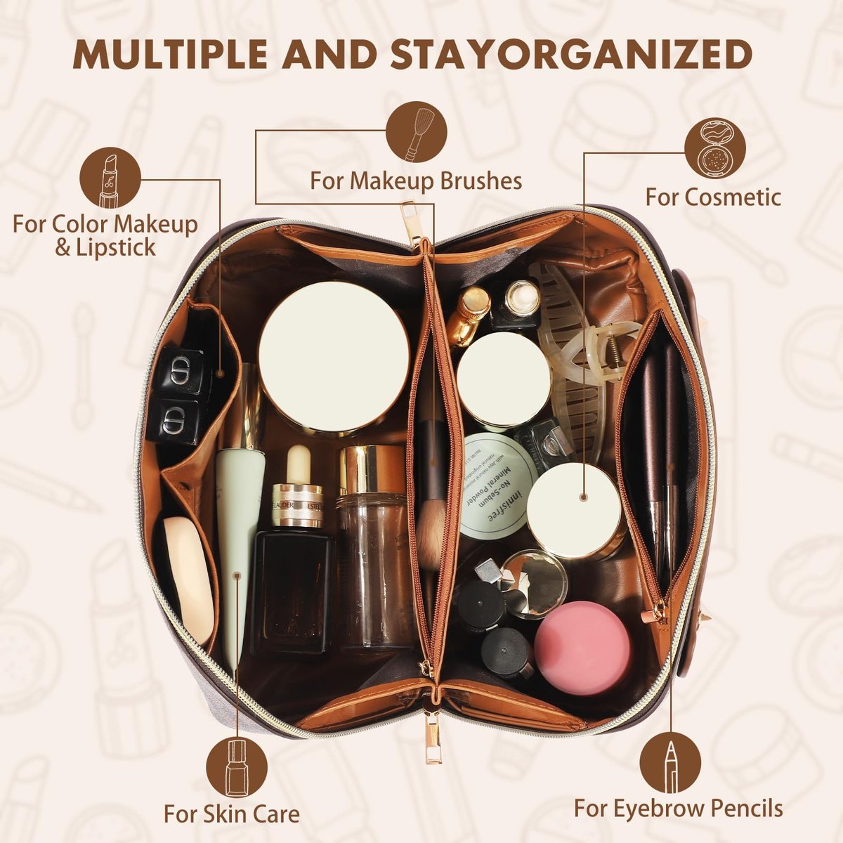 BAYANKALA Leather Travel Makeup Bag - Large Capacity Cosmetic Organizer for Women, Waterproof Portable Toiletry Pouch with Divider and Handle, 10.5x5x5 Inches, Deep Brown Avelisse