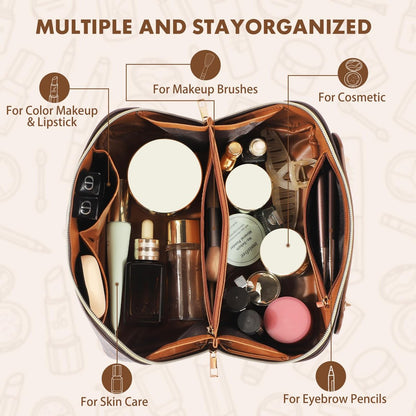BAYANKALA Leather Travel Makeup Bag - Large Capacity Cosmetic Organizer for Women, Waterproof Portable Toiletry Pouch with Divider and Handle, 10.5x5x5 Inches, Deep Brown Avelisse