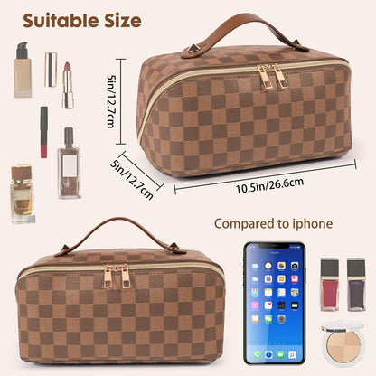 BAYANKALA Leather Travel Makeup Bag - Large Capacity Cosmetic Organizer for Women, Waterproof Portable Toiletry Pouch with Divider and Handle, 10.5x5x5 Inches, Deep Brown Avelisse