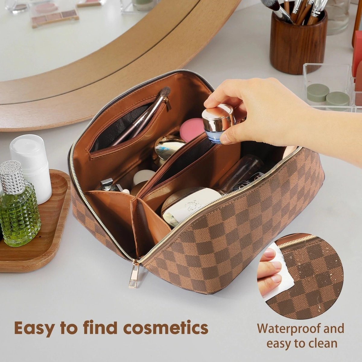 BAYANKALA Leather Travel Makeup Bag - Large Capacity Cosmetic Organizer for Women, Waterproof Portable Toiletry Pouch with Divider and Handle, 10.5x5x5 Inches, Deep Brown Avelisse